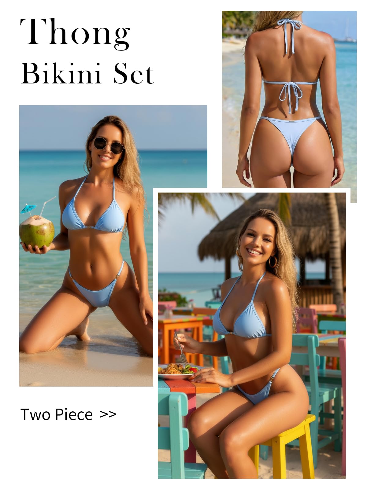 RELLECIGA Women's Thong Bikini Set Triangle Halter Sexy Brazilian Two Piece Swimsuit(Sea Blue,Large