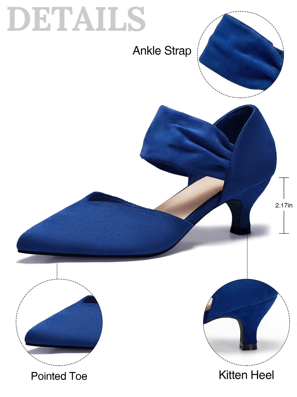 GotSoft Womens Low Kitten Heels Pointed Toe Slip on Pumps Ankle Strap Elegant Party Wedding Dress Shoes, Suede Blue, Size 8.5