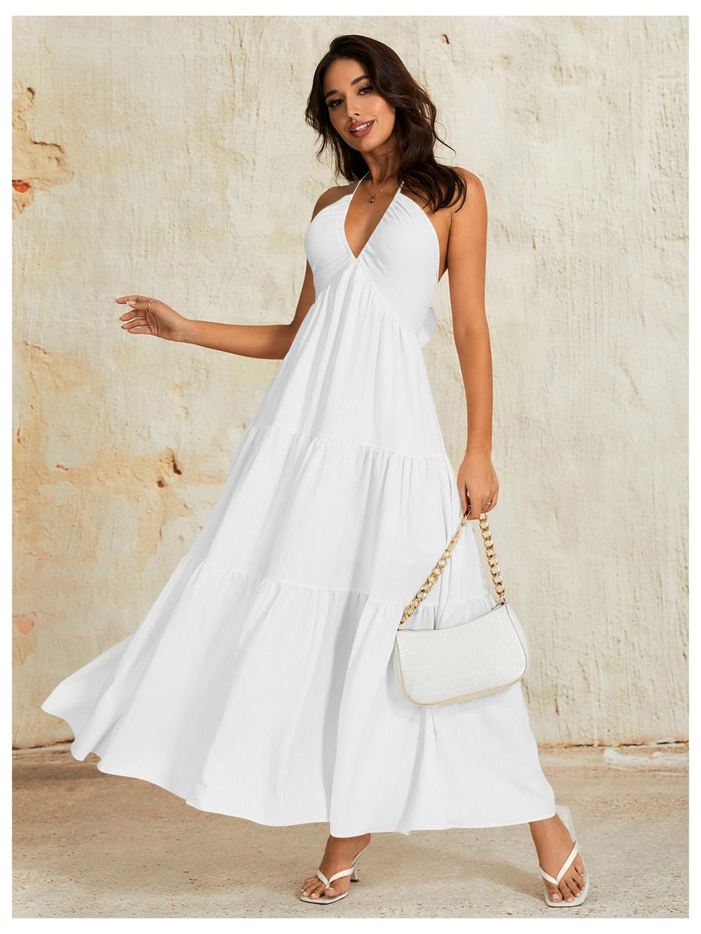OYOANGLE Women's Summer Beach Sundress Formal Wedding Guest Dress Backless Flowy Vacation Boho Maxi Dresses White Small
