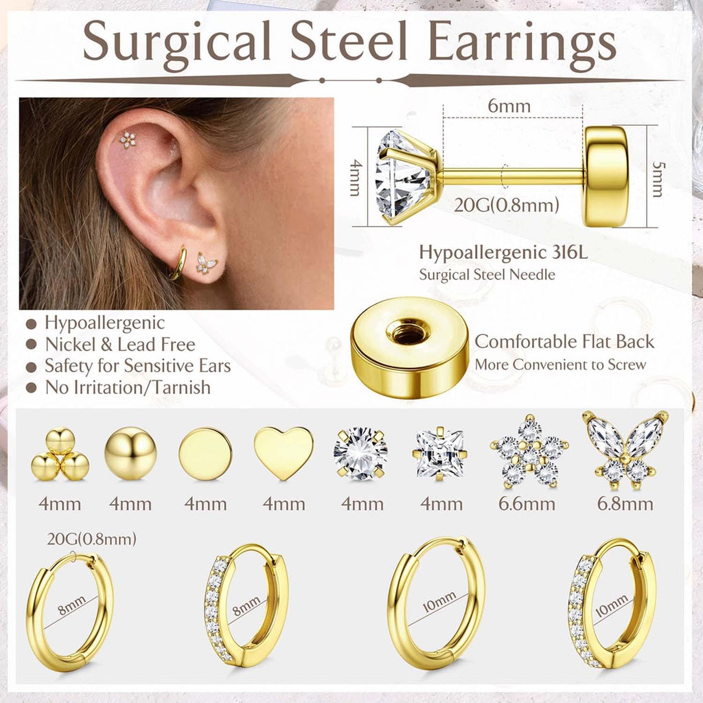 Jstyle Hypoallergenic 14K Gold Plated Flat Back Earrings for Women Men Surgical Stainless Steel Earrings for Sensitive Ears Small Stud Hoop Cartilage Earring Stack Set for Multiple Piercing Jewelry