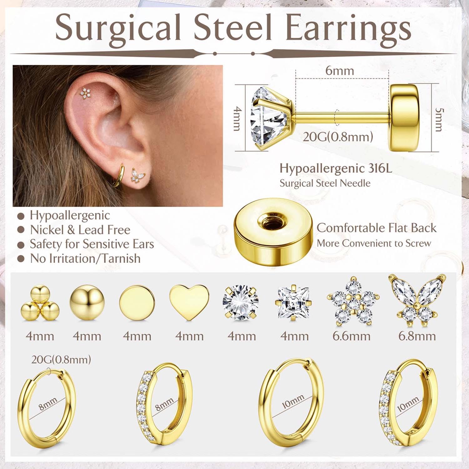 Jstyle Hypoallergenic 14K Gold Plated Flat Back Earrings for Women Men Surgical Stainless Steel Earrings for Sensitive Ears Small Stud Hoop Cartilage Earring Stack Set for Multiple Piercing Jewelry