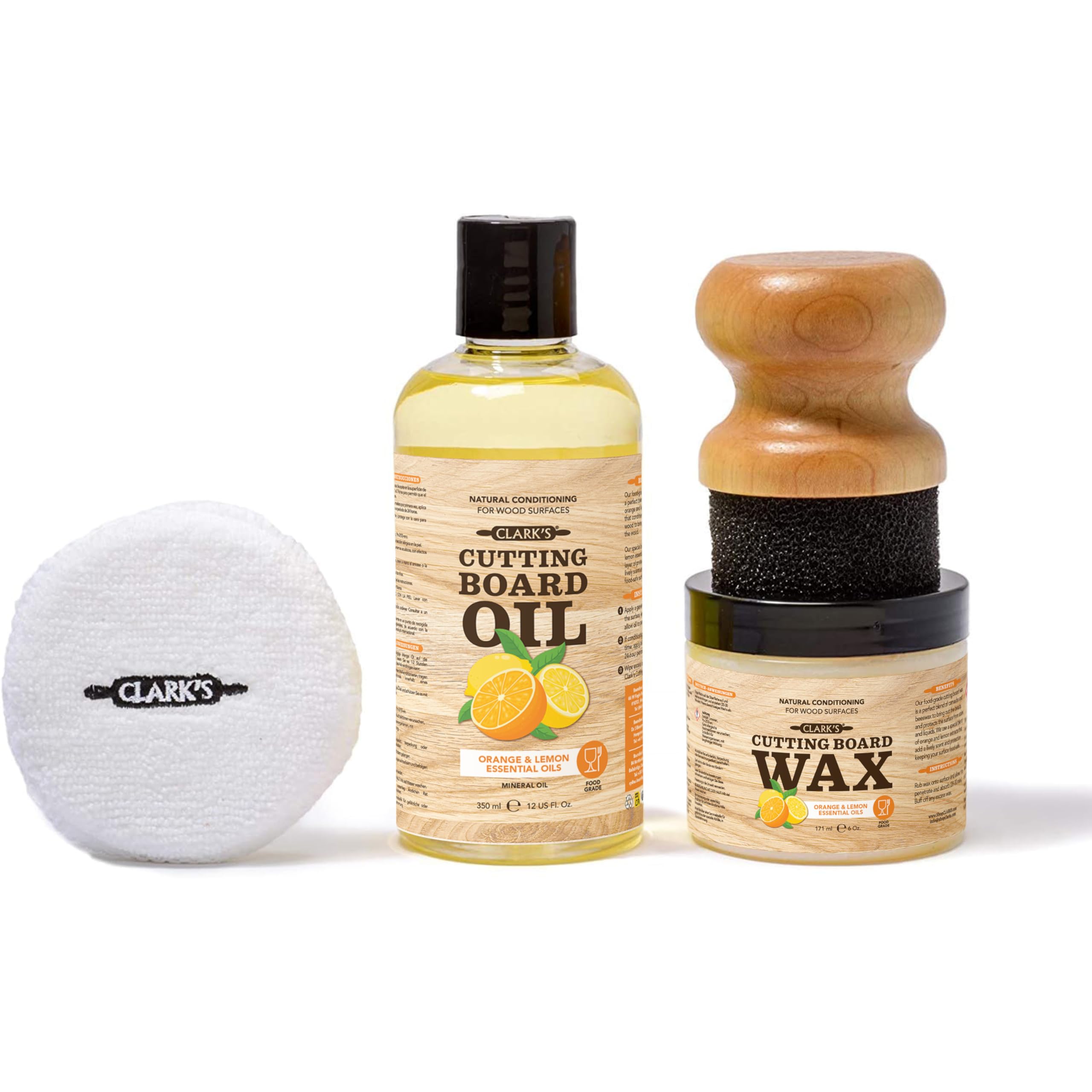 CLARK’S Cutting Board Oil and Wax Kit – Includes Food Grade Mineral Oil (12oz), Finishing Wax (6oz), Applicator, & Buffing Pad to Clean and Protect Wood, Enriched with Natural Lemon & Orange Extract