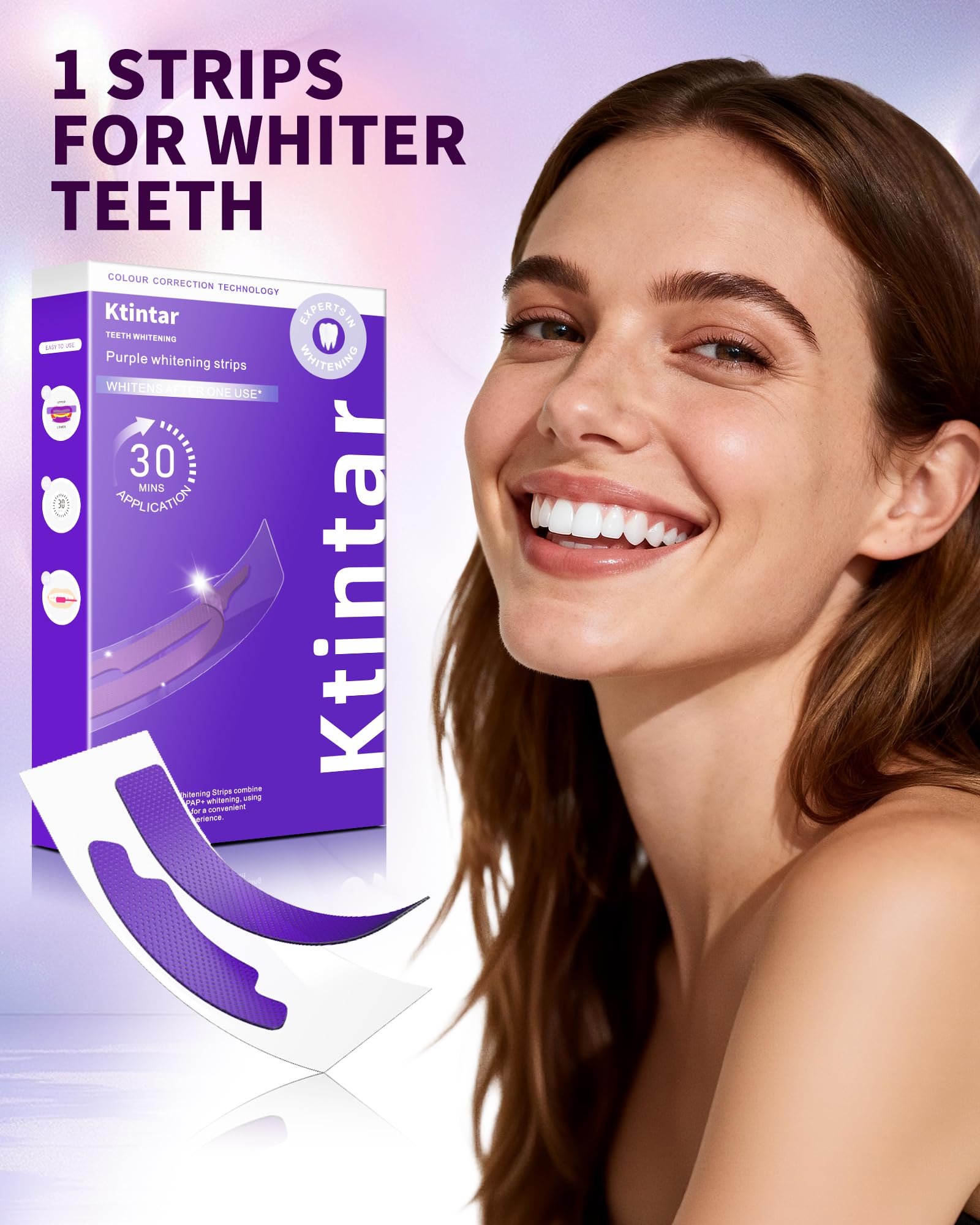 Ktintar Purple Whitening Strips, Color Correcting Purple Teeth Whitening Strips for Sensitive Teeth, Removes Yellow Stains, Enamel Safe, 30 Min Treatment, 14 Treatments, 28 Strips
