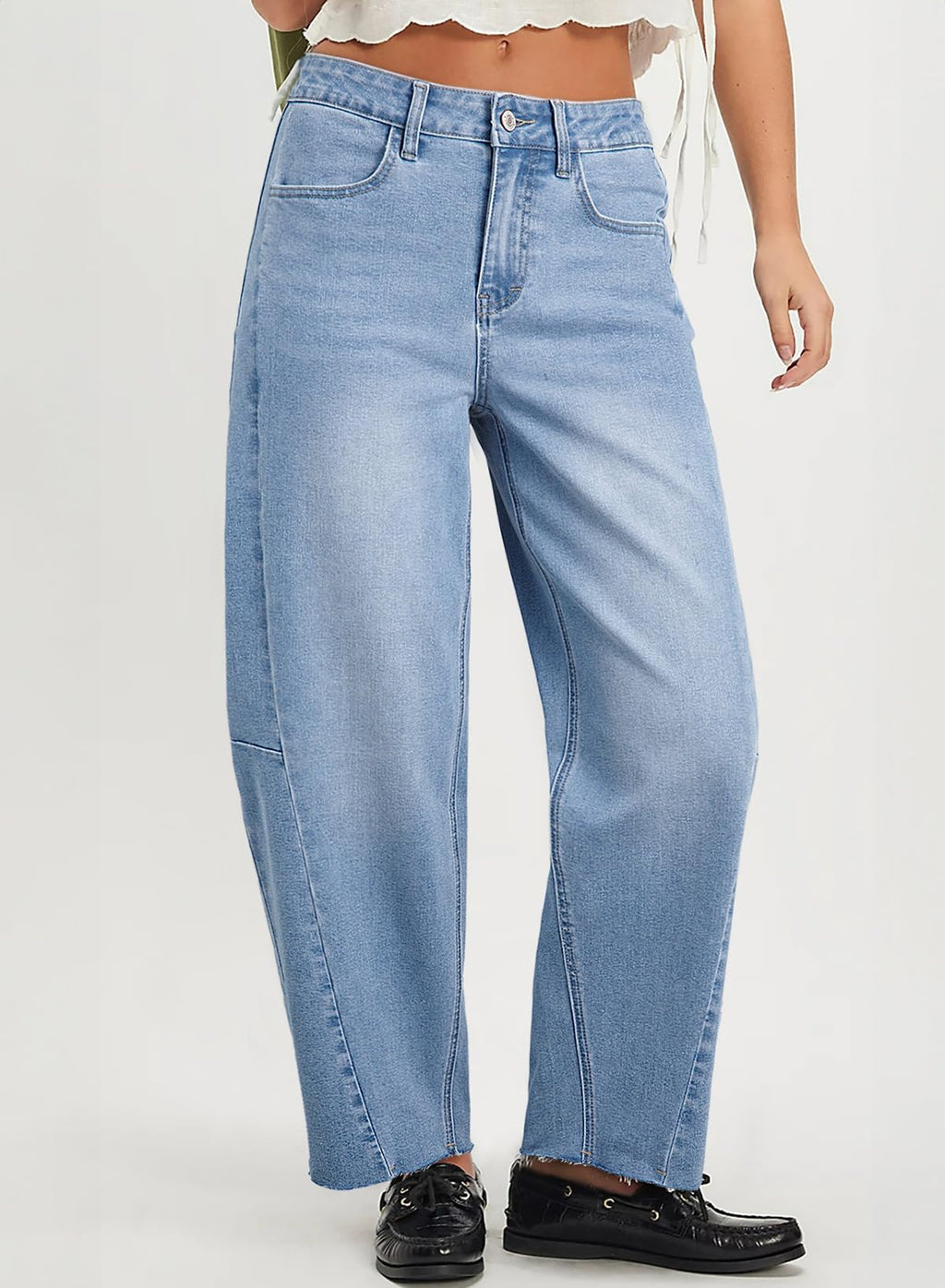 Dokotoo Women's Fashion Barrel Jeans Baggy Wide Leg Jeans Woman Casual Loose Solid Stretchy High Waisted Denim Pants with Pockets Lightweight Cotton Raw Edge Hem Button Closure Trousers Blue Size 10