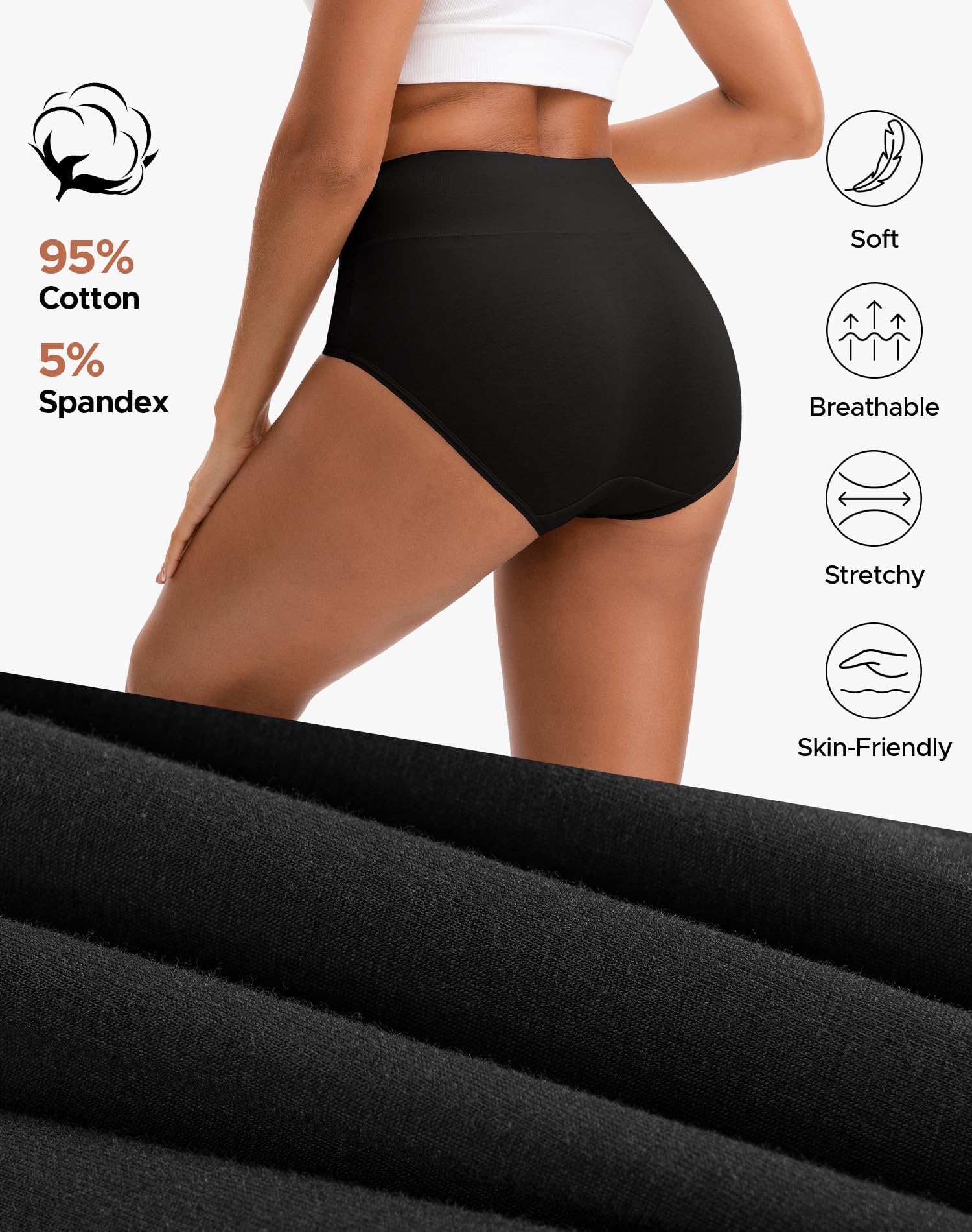 INNERSY Women's High Waisted Underwear Cotton Panties Regular & Plus Size 5-Pack(L,5 Black)