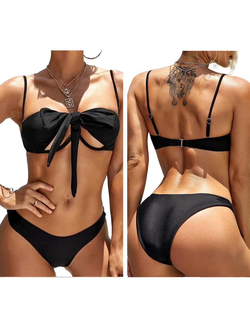 Lilosy Sexy Cute Underwire Push Up Cutout Halter Criss Cross High Cut Leg Thong Brazilian Bikini Swimsuit Set Women Cheeky Bottom Bathing Suit 2 Two Piece Black Medium