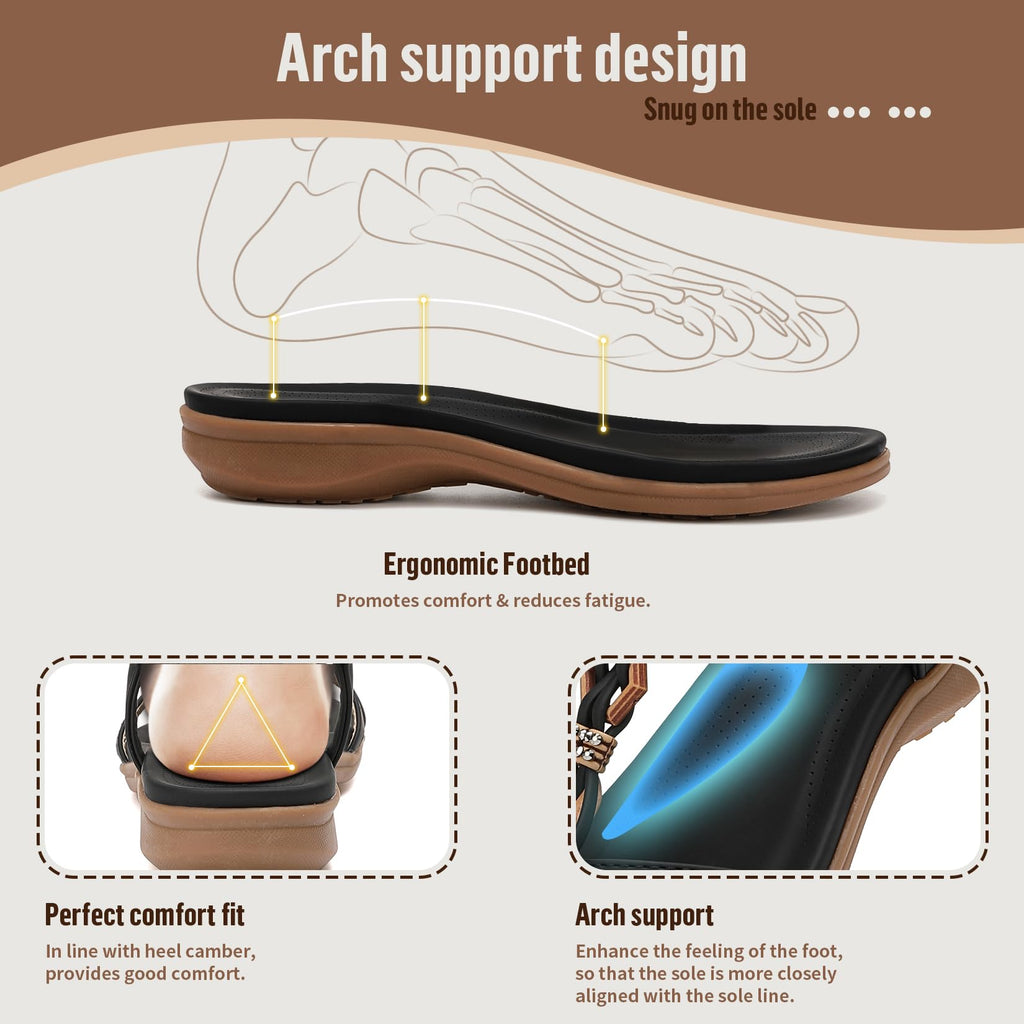Littleplum Womens Flat Sandals Arch Support Summer Beach Sandals Comfort Walking Shoes Dress Ankle Elastic Bohemian Sandals for Women Black Size 8.5