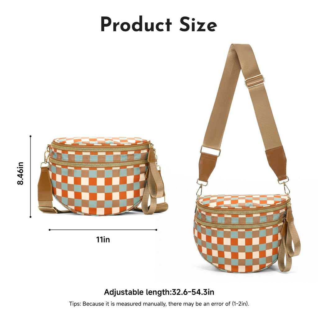 Jooniter Checkered Crossbody Bag Nylon Bum Bags for Women Spacious Handbags Purse Fanny Packs with Shoulder Strap (Multicolor Checkered)