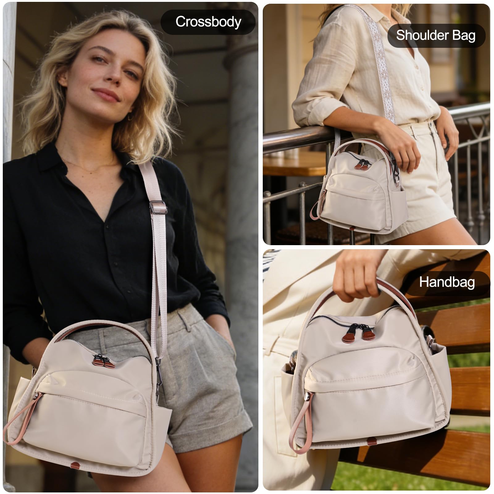 Nylon Crossbody Bags for Women, Water-Resistant Lightweight Shoulder bag with Large Capacity & Organized Design, Top Handle Bag with 2 Interchangeable Adjustable Shoulder Straps(Khaki)