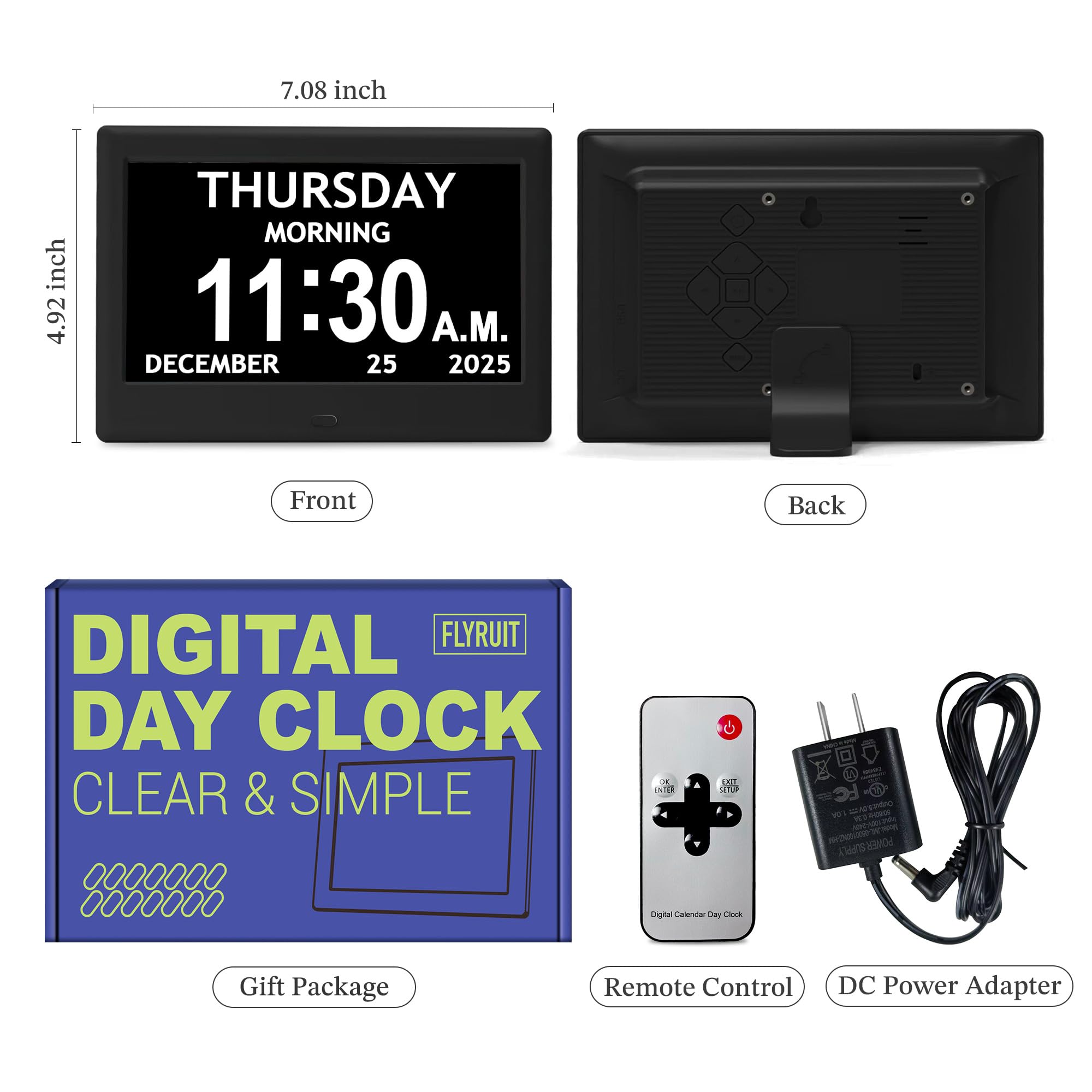 7'' Dementia Clock For Seniors, Large Display Digital Clock With Date, Time, Day Of Week for Elderly, Memory Loss, Alzheimer, 1024*600P HD, 10 Reminders & 6 Alarms, Auto Dimming & DST, Remote Control