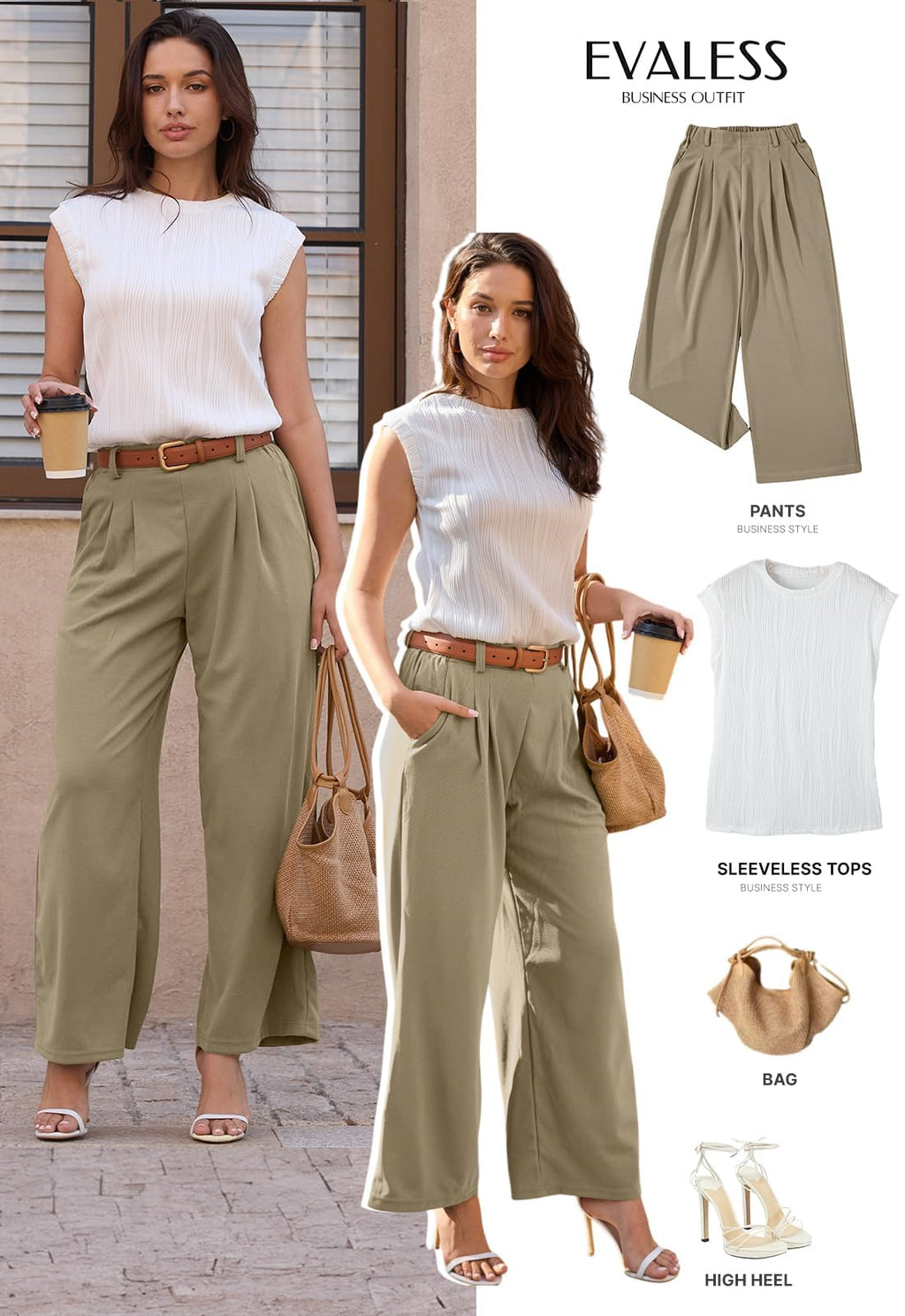 EVALESS Wide Legged Pants for Women Waffle Knit Elastic High Waisted Cute Girls Loose Fited Palazzo Pants Trousers with Pockets Petite Taupe Small