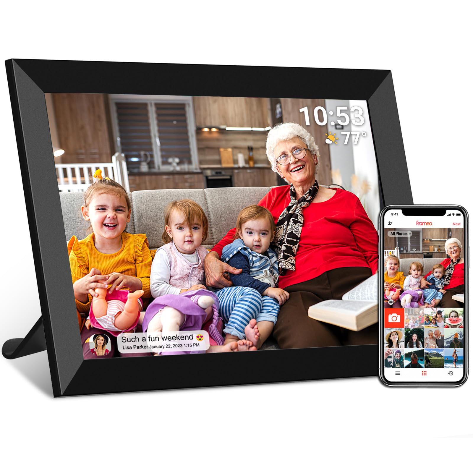 FRAMEO 10.1 inch 32GB Digital Picture Frame, IPS LCD Touch Screen, Auto-Rotate Easy Setup to Share Photos & Videos via Frameo from Anywhere, Gifts for Parents and Grandparents