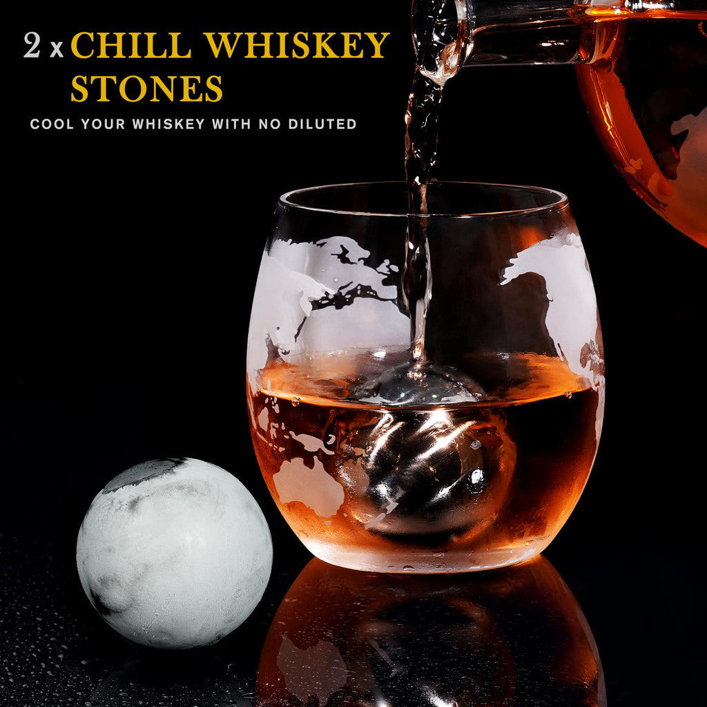 PONPUR Gifts for Men Dad Fathers Day, Whiskey Decanter Globe Set with 2 Ball Stones & 2 Glasses, Anniversary Birthday Gifts for Him Husband Boyfriend Brother, Cool Stuff Gift for Bourbon Scotch
