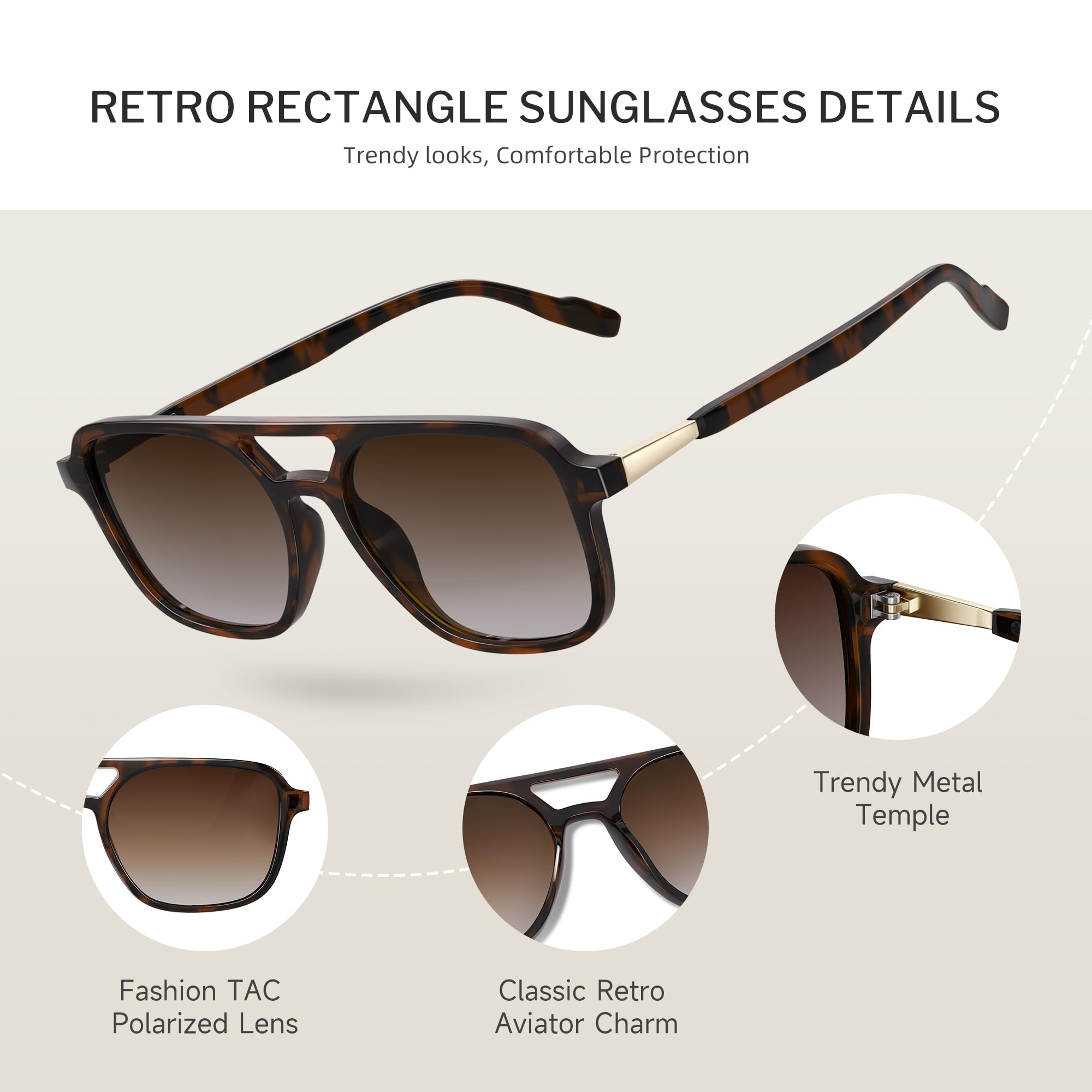 konqkin Retro Aviator Sunglasses for Women Men:Polarized Trendy Vintage 70s Rectangle Mens Womens Shades Sun Glasses UV Protection (Brown+Grey+Tigerspot,54mm)