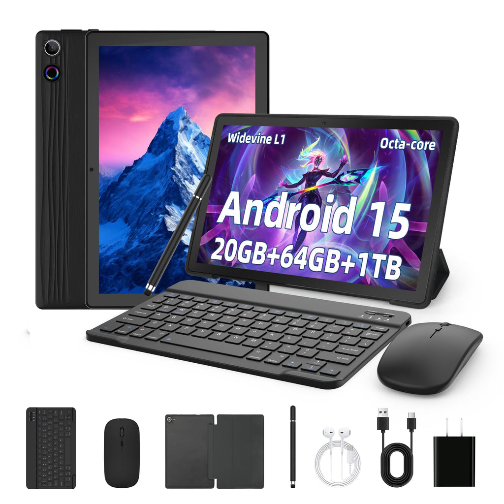 Gleeso Tablet, Latest Android 15 Tablet 10 Inch, 8-Core, 20GB+64GB+1TB TF, Dual Camera, Widevine L1, Face ID, 5000mAh Battery, WiFi 6, BT 5.4, 2-in-1 Tablets with Keyboard Mouse Pen Protective Case