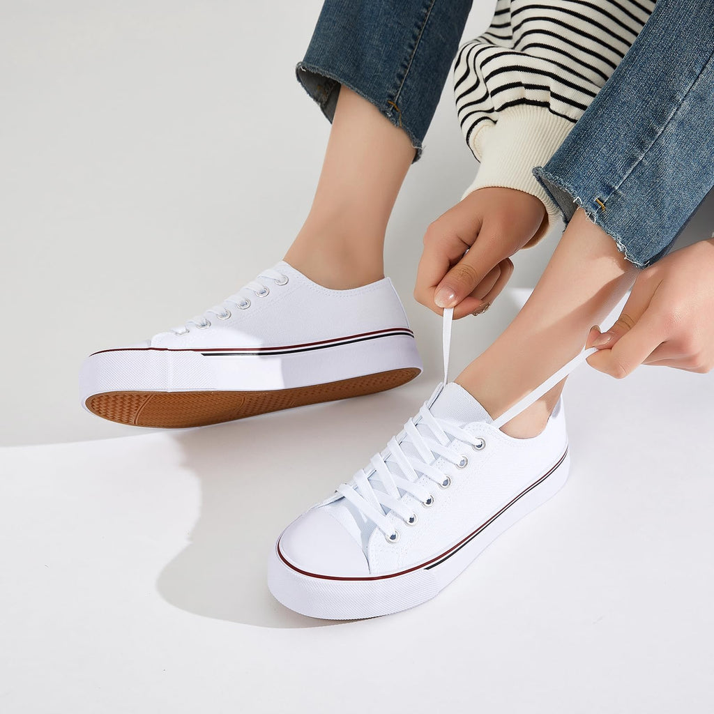 FRACORA Womens White Black Canvas Sneakers Low Top Canvas Shoes for Women Tennis Shoes(White,US8.5)
