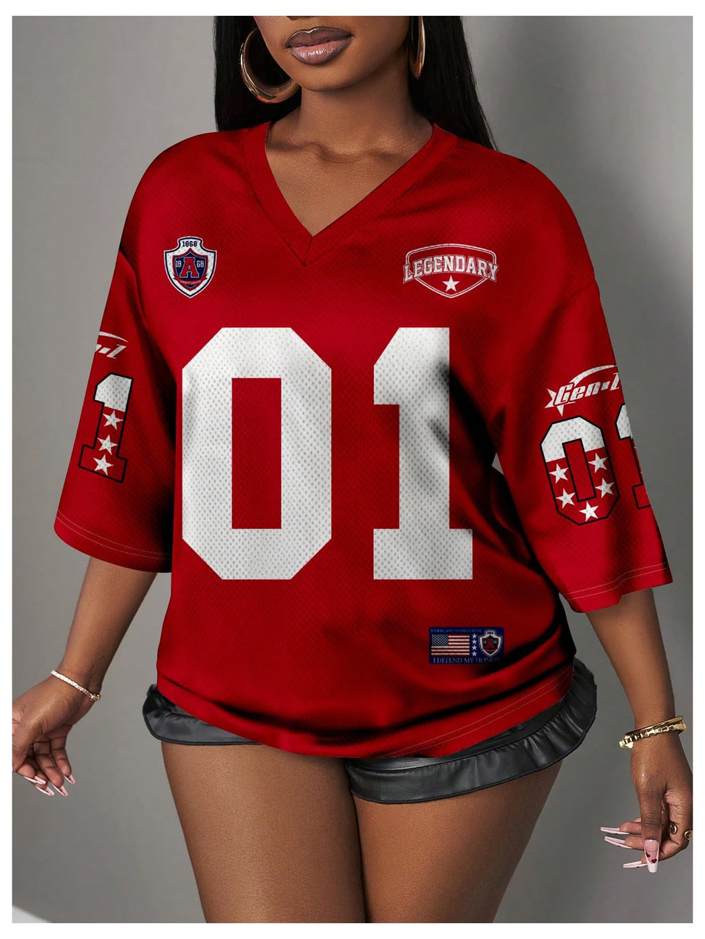 WDIRARA Women's Oversized Jersey Shirts Number Graphic Tee V Neck Half Sleeve T-Shirt Tops Red X-Large