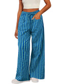 Acelitt Womens Casual Striped Color Block Pants Drawstring Elastic Waist 2026 Fall Fashion Comfy Loose Wide Leg Pants Trousers with Pockets Sky Blue Medium