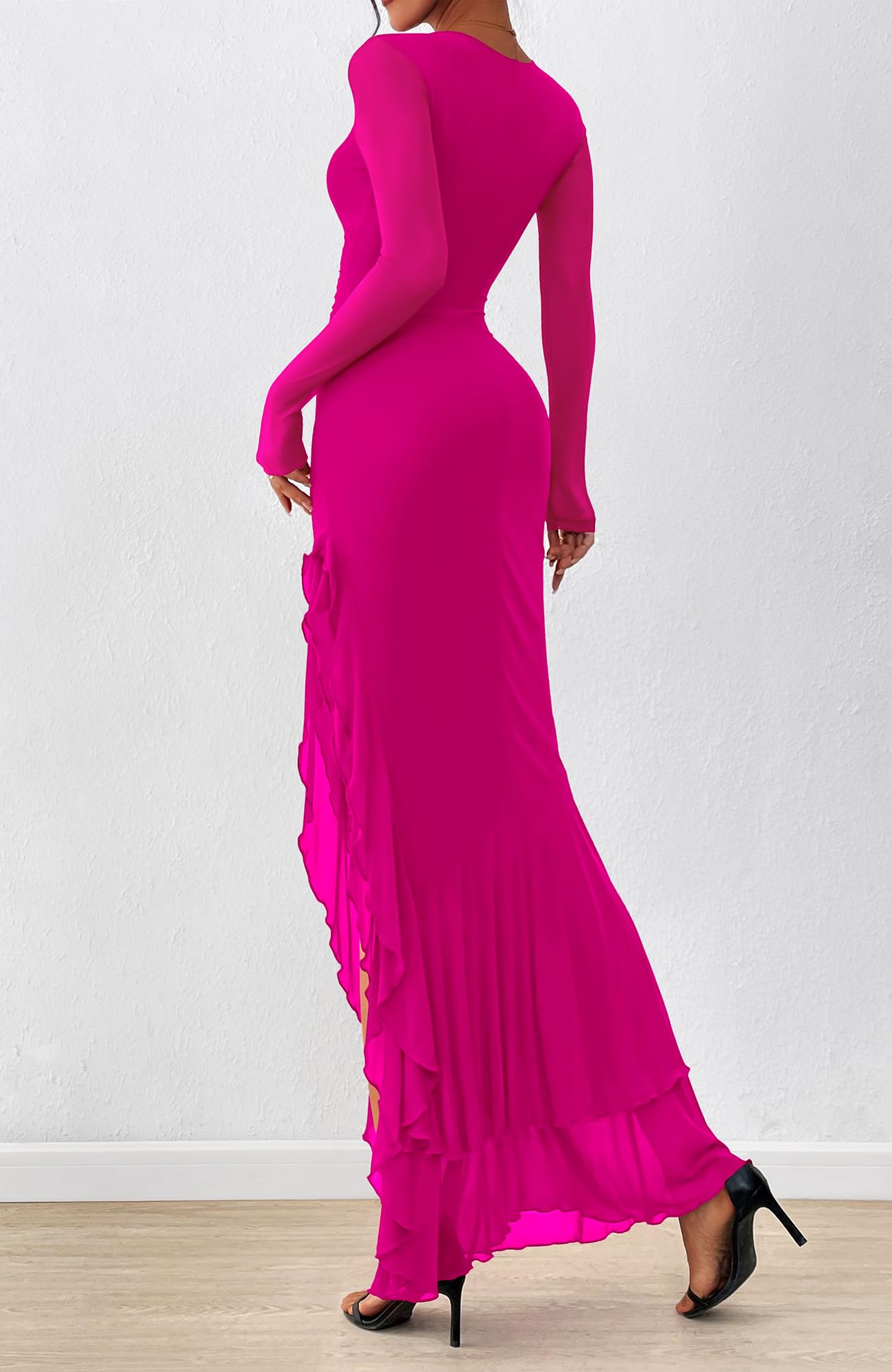 BTFBM Women's Maxi Dresses Fall 2025 Long Sleeve Ruched Bodycon Solid Ruffle Mermaid Cocktail Wedding Guest Dress(Rose Red,Small)