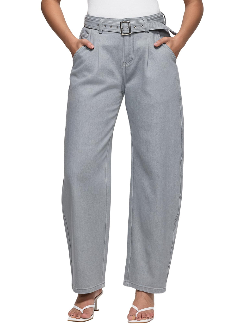 ZPIUO Barrel Jeans for Women - High Waisted Baggy Wide Leg Stretchy Denim Pants with Detachable Belt - Grey Size 8