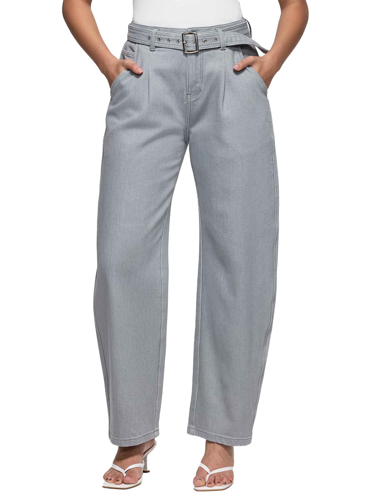 ZPIUO Barrel Jeans for Women - High Waisted Baggy Wide Leg Stretchy Denim Pants with Detachable Belt - Grey Size 8