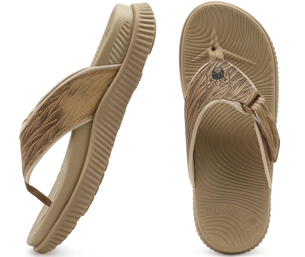 KuaiLu Men's Orthotic Cushion Flip Flops 2026 Mens Leather Athletic Recovery Foam Walking Sandals Plantar Fasciitis Arch Support Beach Flip-Flop Slides Shoes Summer Essentials For Man, Khaki Size 10