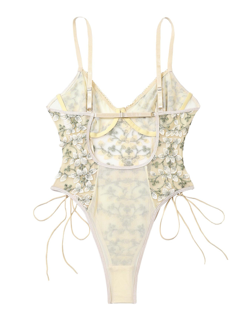Lilosy Women Sexy Lace Up Floral Embroidered Teddy Babydoll Lingerie Bodysuit Top Mesh Sheer One Piece See Through Beige Medium