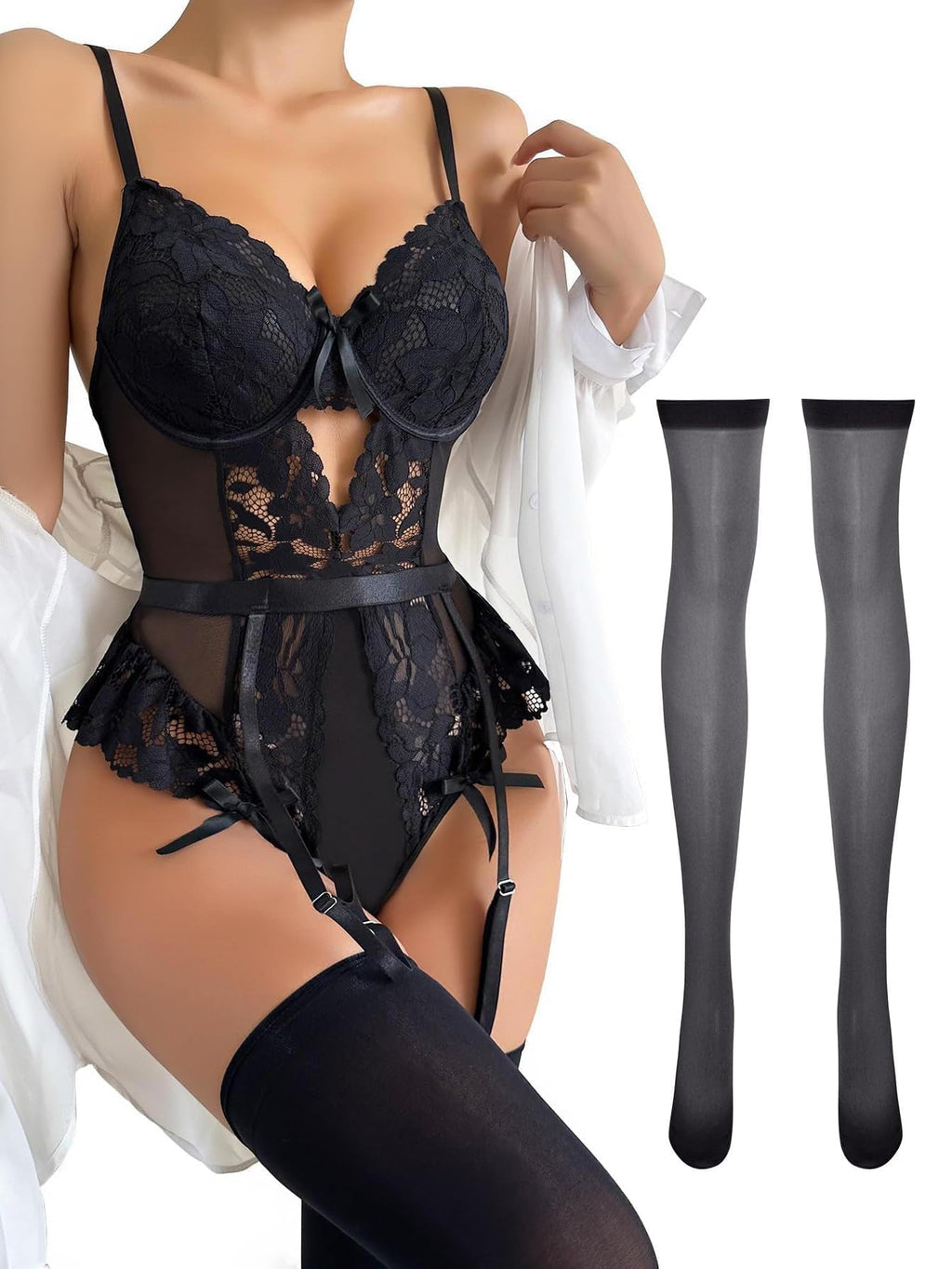 Lilosy Petite Sexy Stocking Lace Mesh Bodysuit Top Underwire Garter Lingerie Set One 3 Piece Bows Push Up Floral Sheer Women Teddy See Through Lenceria Black 3X-Small