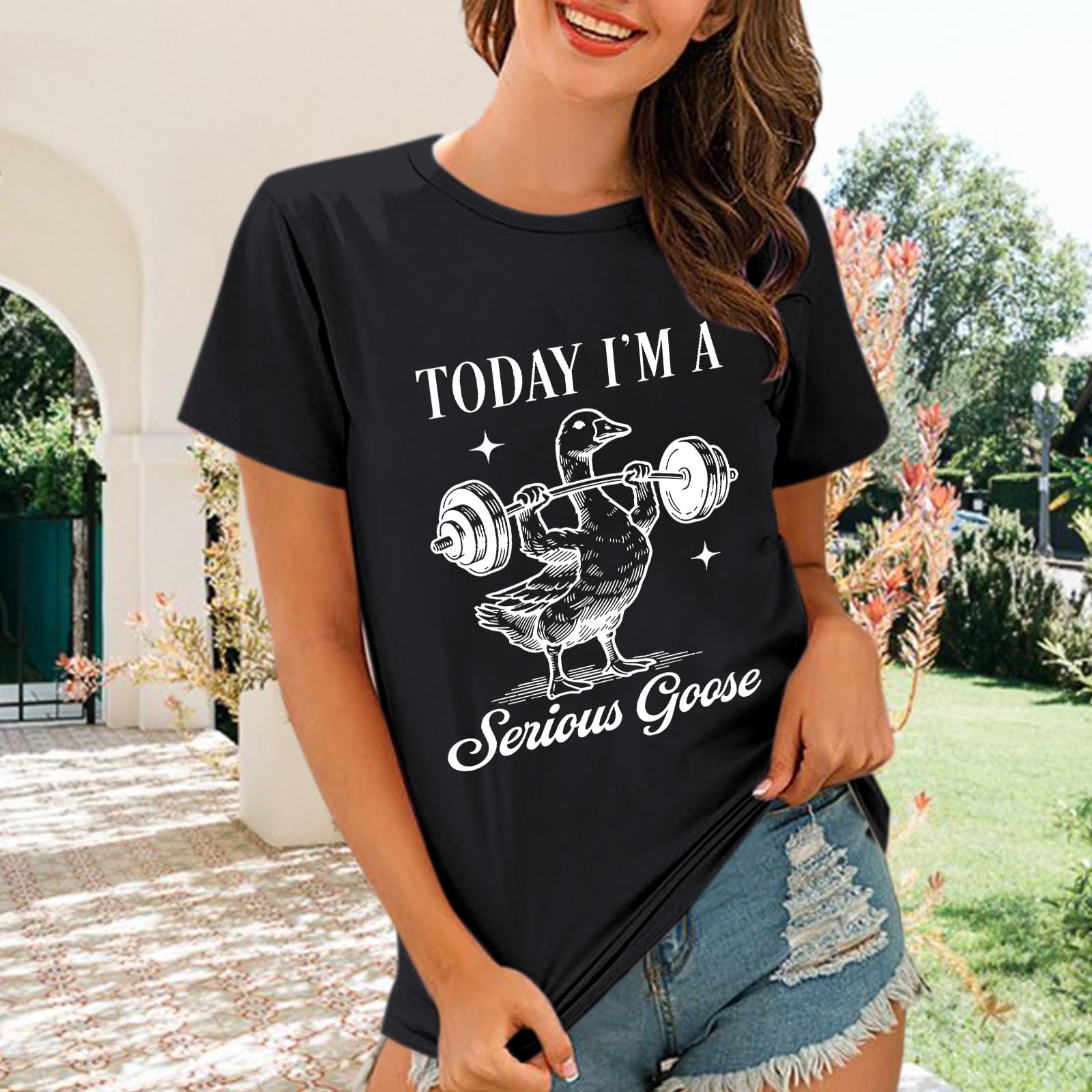 Cayxatiu Today I'm A Serious Goose Shirt Funny Silly Goose T Shirts for Women Gym Weightlifting Tshirt Cute Graphic Tees(Black,M)