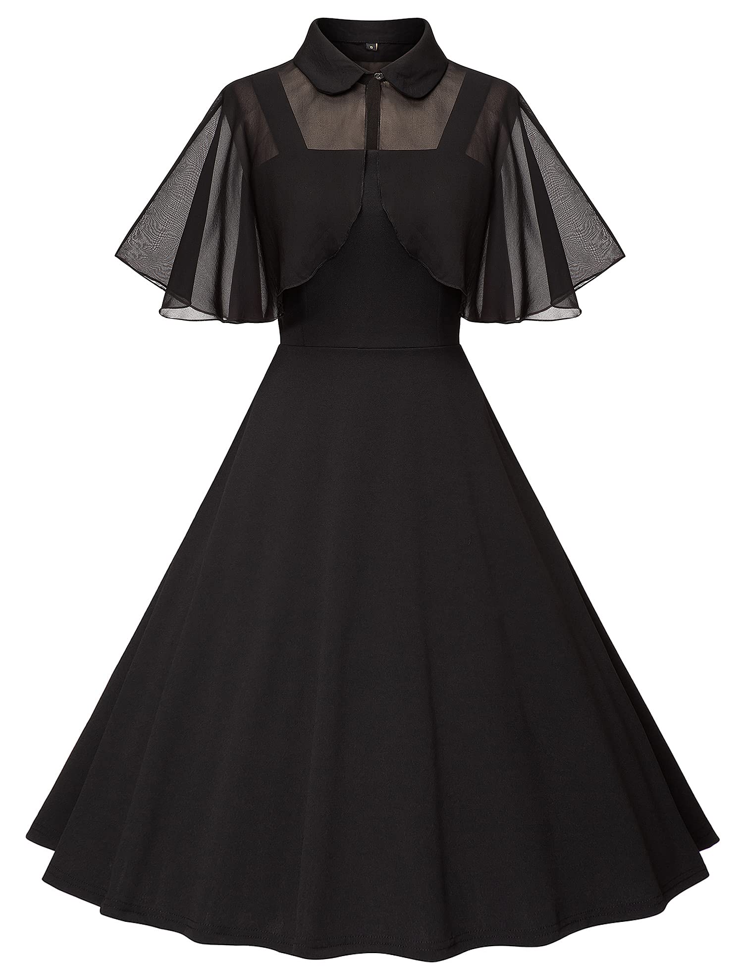 Milreason 1950s Dresses for Women Vintage Goth Swing Cocktail Dress with Pockets and Chiffon Shawl Black