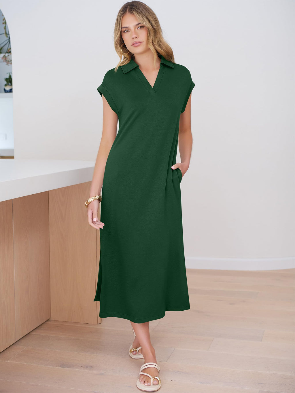 ANRABESS Womens Summer Casual Midi Dresses Short Sleeve Polo V Neck Loose Split Wrinkle-Free Beach Vacation Tshirt Maxi Dress Forest Green Large
