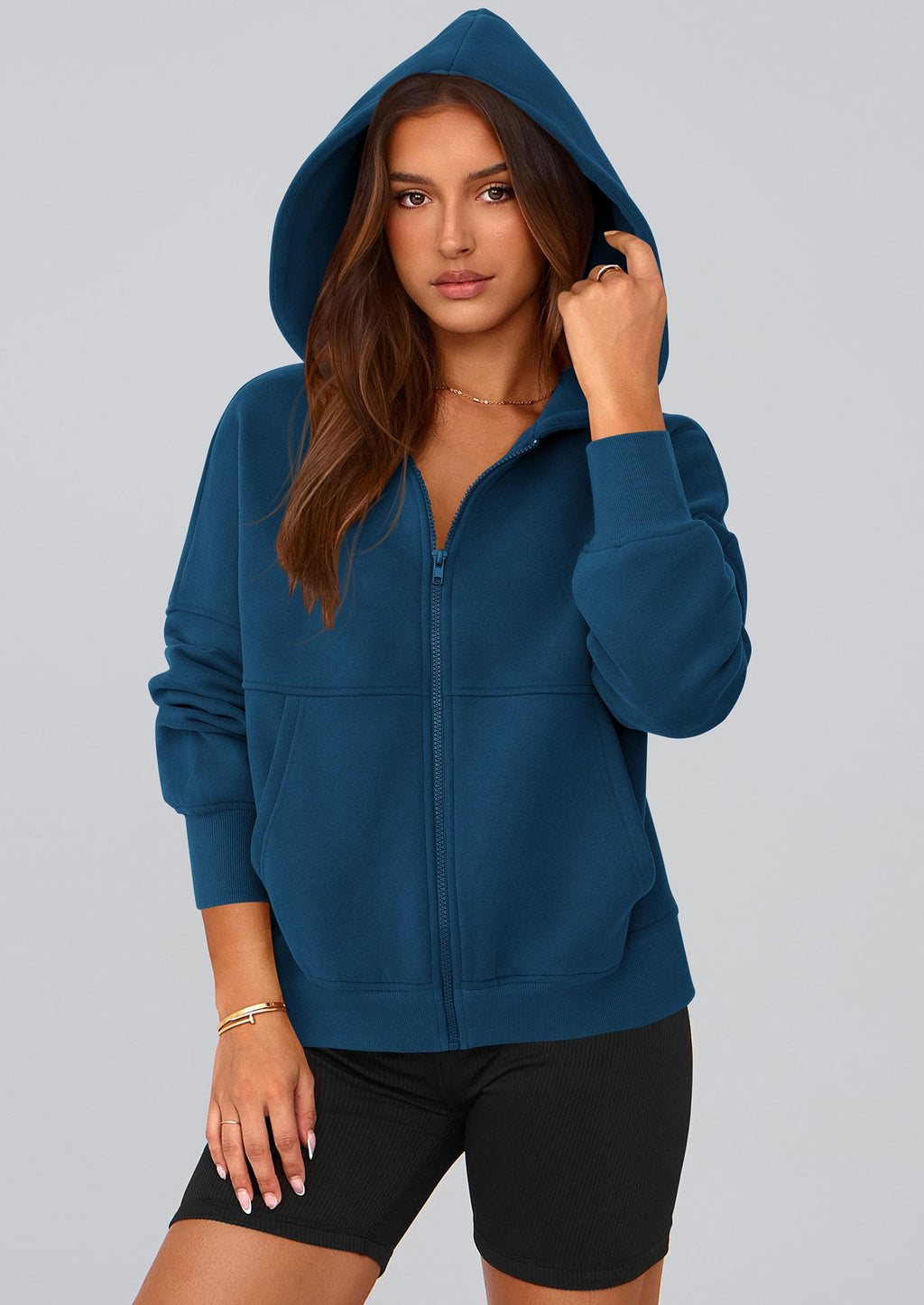 PRETTYGARDEN Women's Zip Up Y2K Hoodies 2026 Fall Fashion Long Sleeve Hooded Fleece Sweatshirts Casual Jacket Winter Clothes (Dark Blue,Medium)