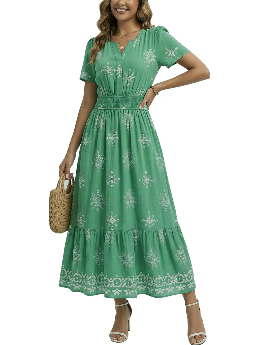 2026 Womens Summer Floral Maxi Dresses V Neck Short Sleeve Boho Casual Flowy Long Wedding Guest Beach Vacation Dress Green