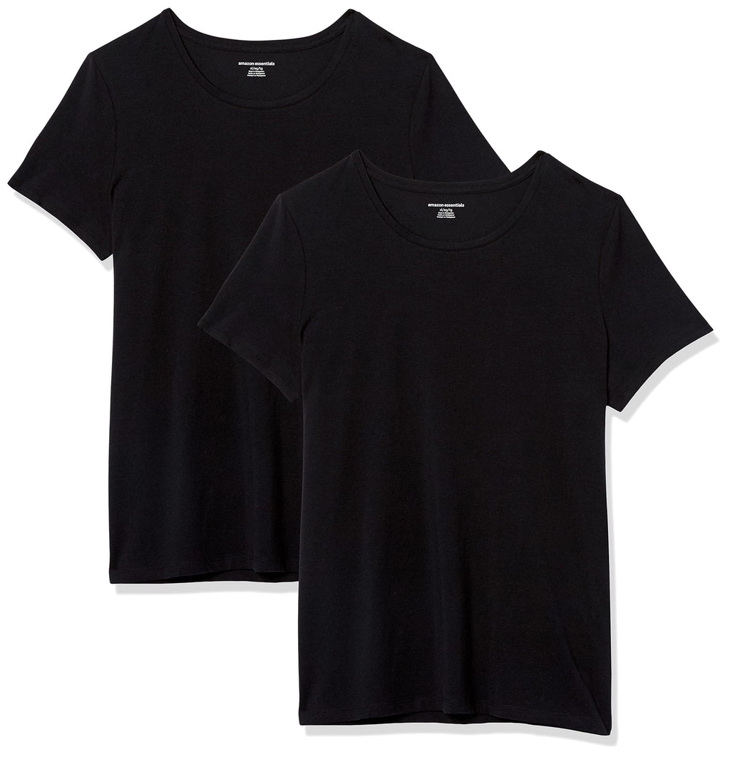 Amazon Essentials Women's Regular-Fit Short-Sleeve T-Shirt (Crewneck and V-Neck Options), Pack of 2, Black, Medium