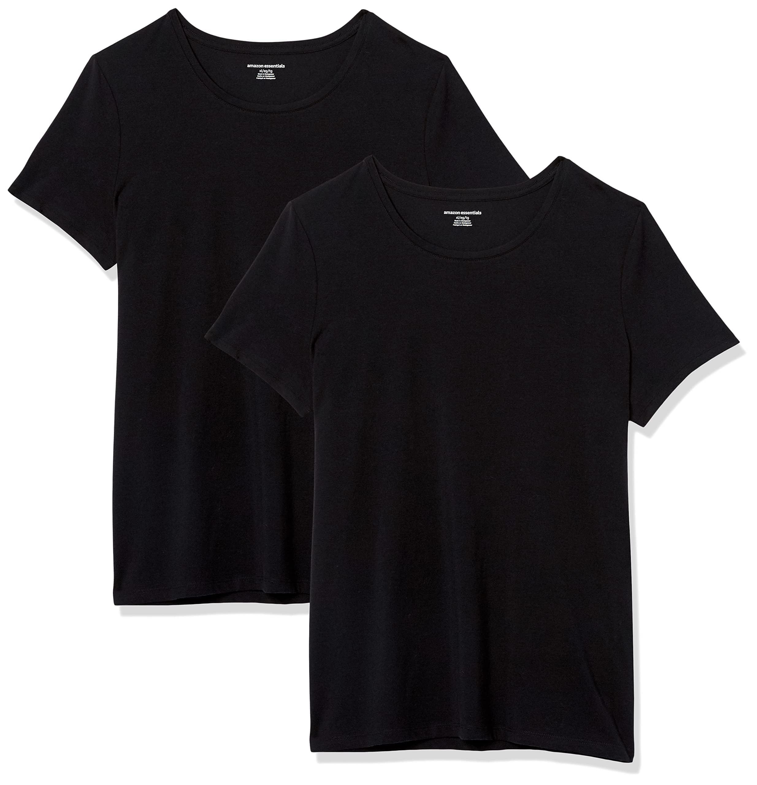 Amazon Essentials Women's Regular-Fit Short-Sleeve T-Shirt (Crewneck and V-Neck Options), Pack of 2, Black, Medium