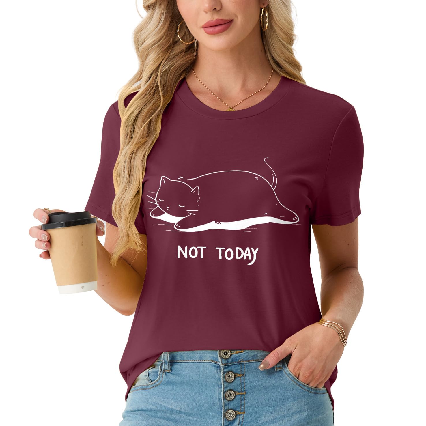 Women's Not Today Cat Shirt Funny Graphic Print Tee Teen Girl Short Sleeve Crewneck Casual for Cat Lovers