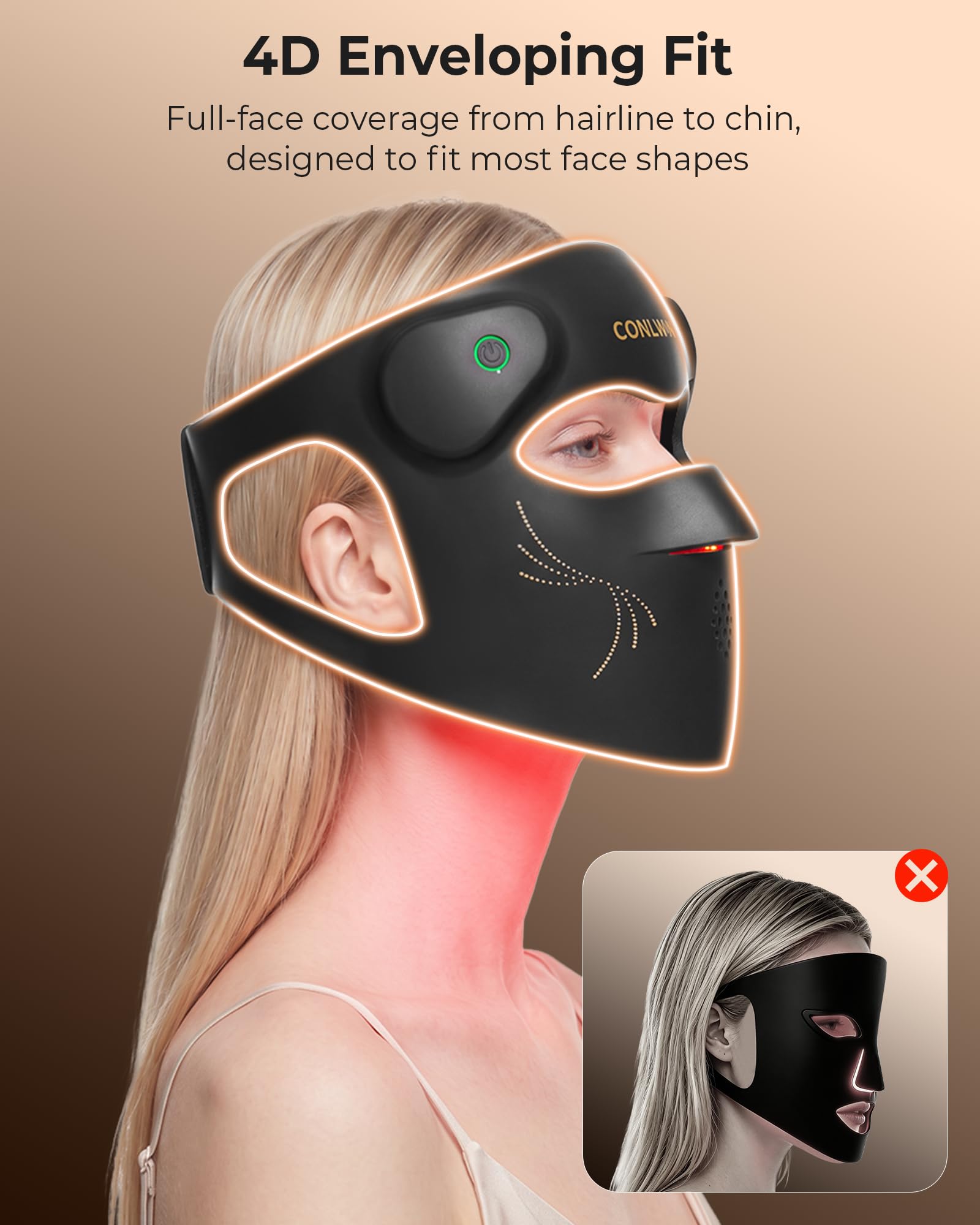 CONLWIN 4D Cordless Red Light Therapy Mask for Face, 9 Modes with 850nm NIR