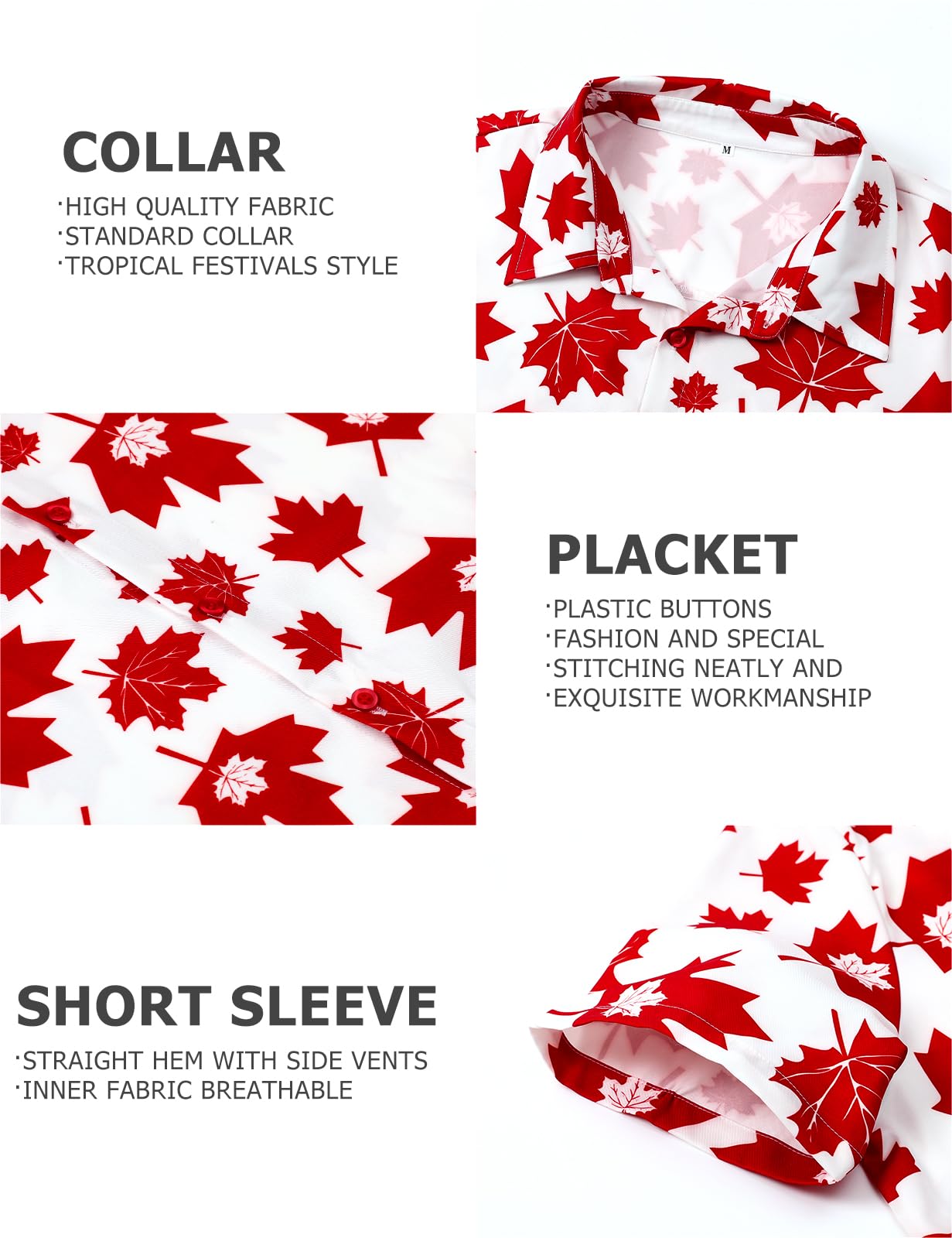 Fashonal Men's Canada Day Shirt Short Sleeve Hawaiian Maple Leaf Print Summer Shirt, White-RedMaple Size L