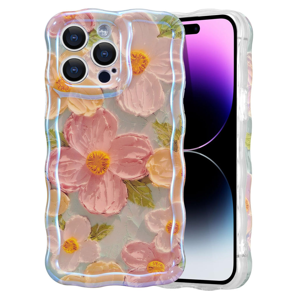 EYZUTAK Case for iPhone 15 Pro Max, Colorful Retro Oil Painting Printed Flower Laser Glossy Pattern Cute Curly Wave Edge Exquisite Phone Cover Stylish Durable TPU Protective Case for Girls Women-Green