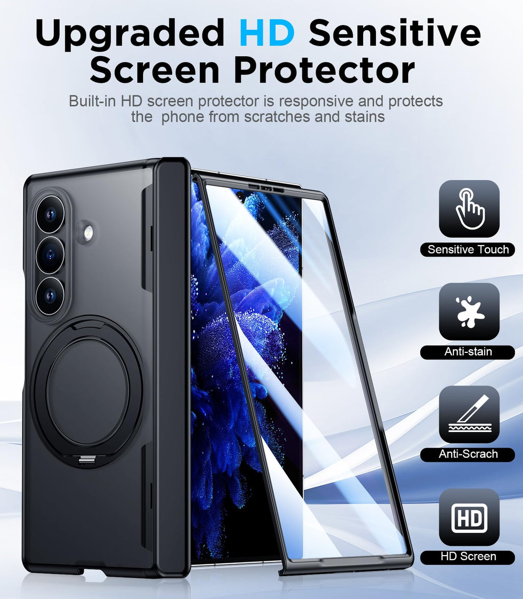 Temdan for Samsung Galaxy Z Fold 8 Ultra Case,[360°Rotatable Magnetic O-Ring Stand & HD Screen Protector][Compatible with MagSafe] Translucent Matte Shockproof Phone Case for Z Fold 8 Ultra,Black
