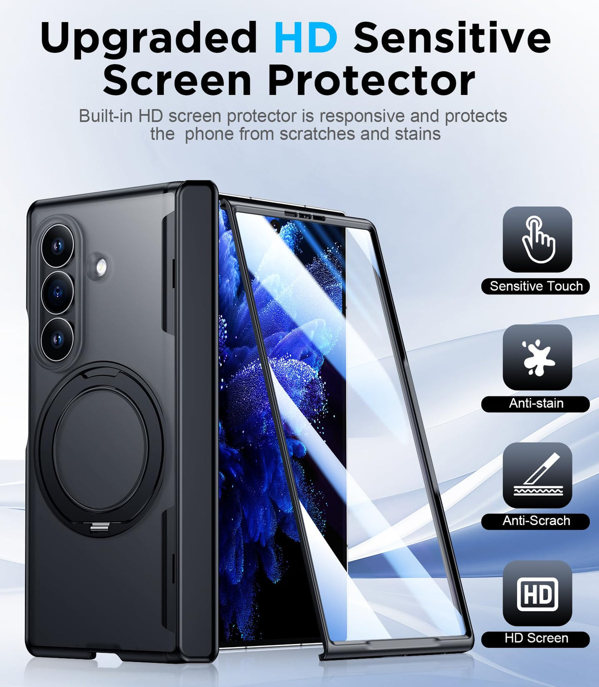 Temdan for Samsung Galaxy Z Fold 8 Ultra Case,[360°Rotatable Magnetic O-Ring Stand & HD Screen Protector][Compatible with MagSafe] Translucent Matte Shockproof Phone Case for Z Fold 8 Ultra,Black