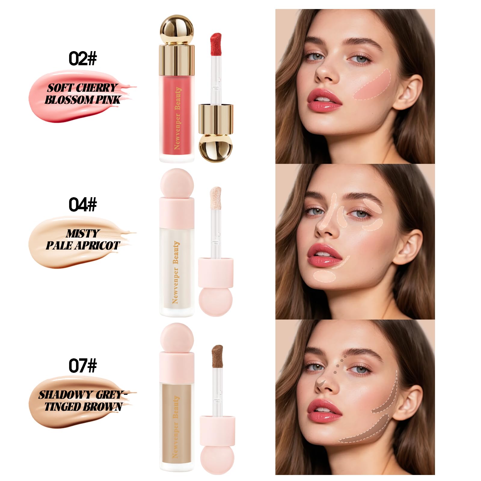 Liquid Contour,Liquid Highlighter, Blush with Face Brush Long Lasting Smooth Lightweight Smudge Proof Contour+ Blush+ Highlighter