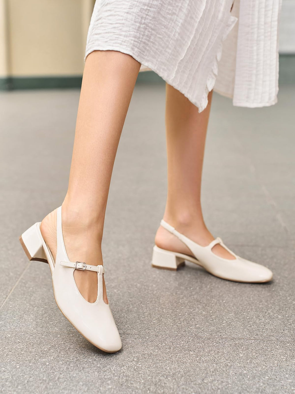 Coutgo Womens Mary Jane Slingback Low Heels T Strap Chunky Heel Closed Toe Pumps Wedding Party Dress Shoes, Beige, Size 6