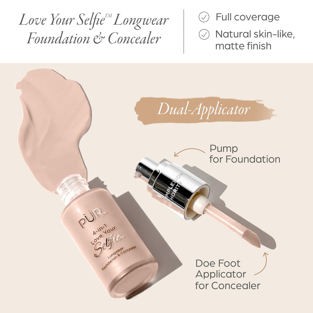 PÜR MINERALS 4-in-1 Love Your Selfie Longwear Foundation and Concealer - Unique, Dual-Applicator Component - Covers Blemishes and Imperfection - Reduce Fine Lines and Wrinkles - MP3 - 1 oz Makeup