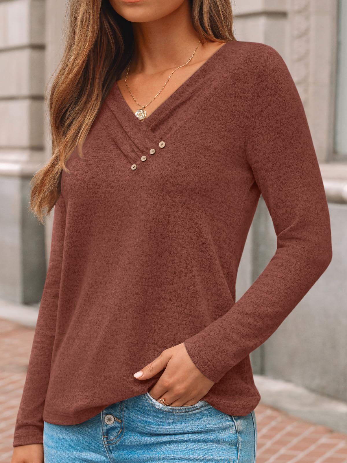 AUTOMET Fall Fashion Clothes 2026 Outfits Womens Long Sleeve Tunic Top Lightweight Sweaters V Neck Button Shirts Dressy Casual Business Blouses Trendy Sweatshirt Clothing Caramel M