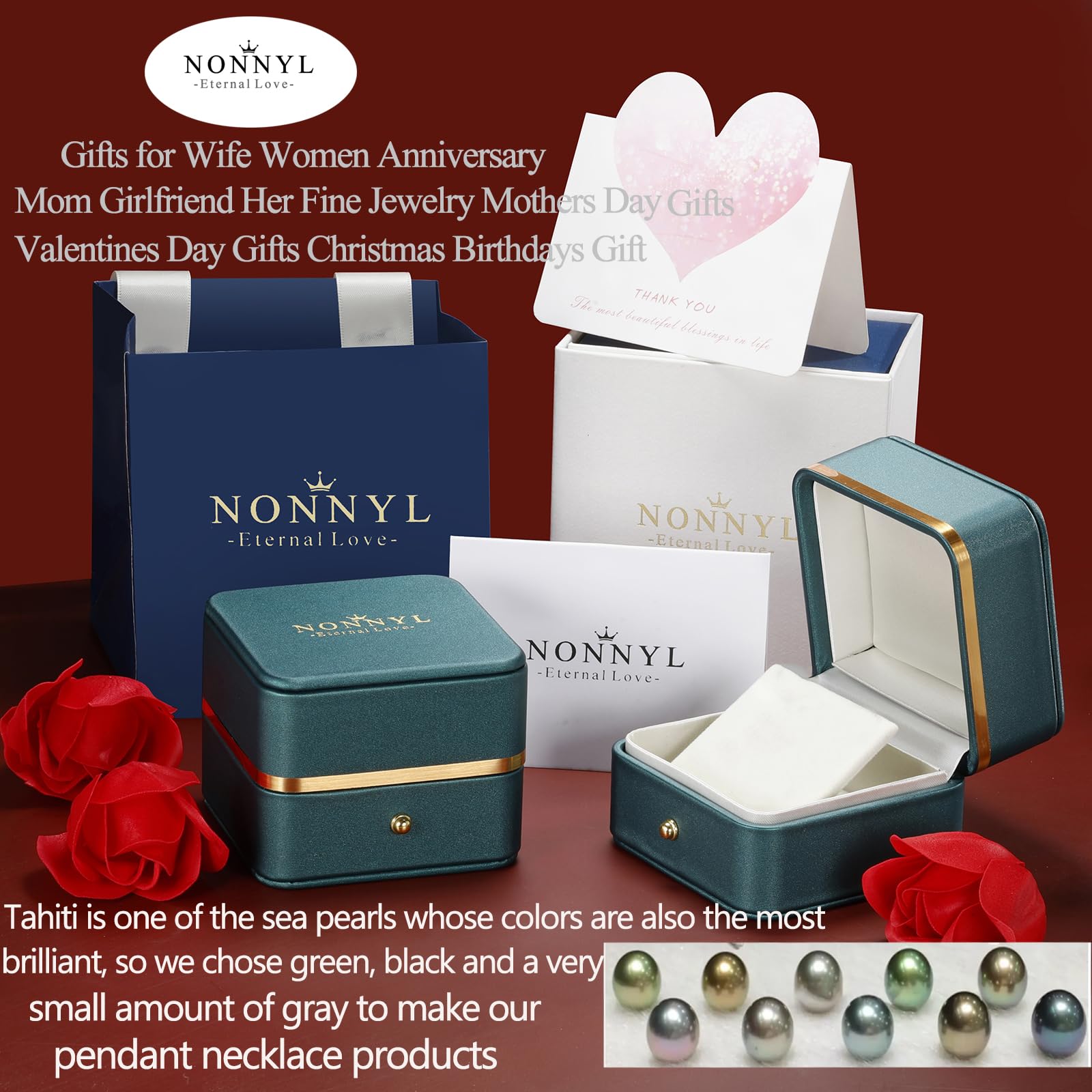 NONNYL Tahitian Black Pearl Necklace - Gift for Her: Mothers Day, Valentines Day, Birthday, Anniversary, Wedding, Christmas