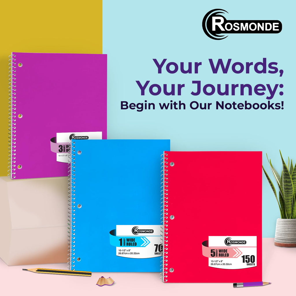 Rosmonde 12 Pack Spiral Notebooks, 1 Subject Notebook, Wide Ruled, Assorted