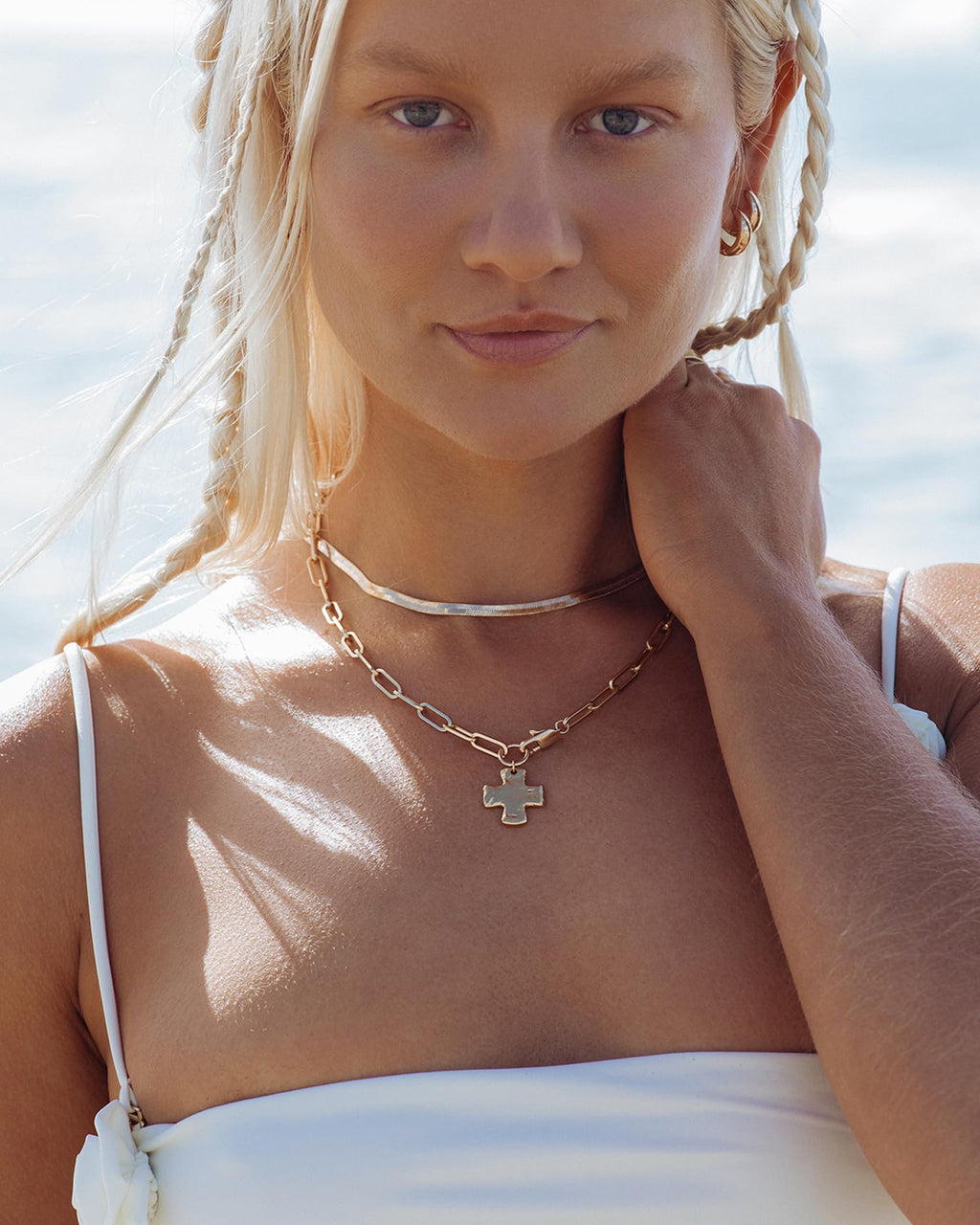 James Michelle The Original Silver Chunky Cross Necklace Set for Women – 3-Year Color Guarantee – Waterproof, Non-Tarnish, Hypoallergenic, Silver PVD Coated – Great for Beach, Wedding, Gifts