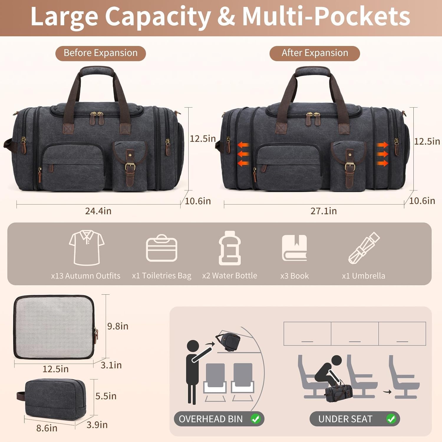 Mens Duffle Bag for Travel 60L Expandable Canvas Weekender Overnight Travel Duffel Bag with Shoe Compartment Carry-On for Airplanes Dark Gray