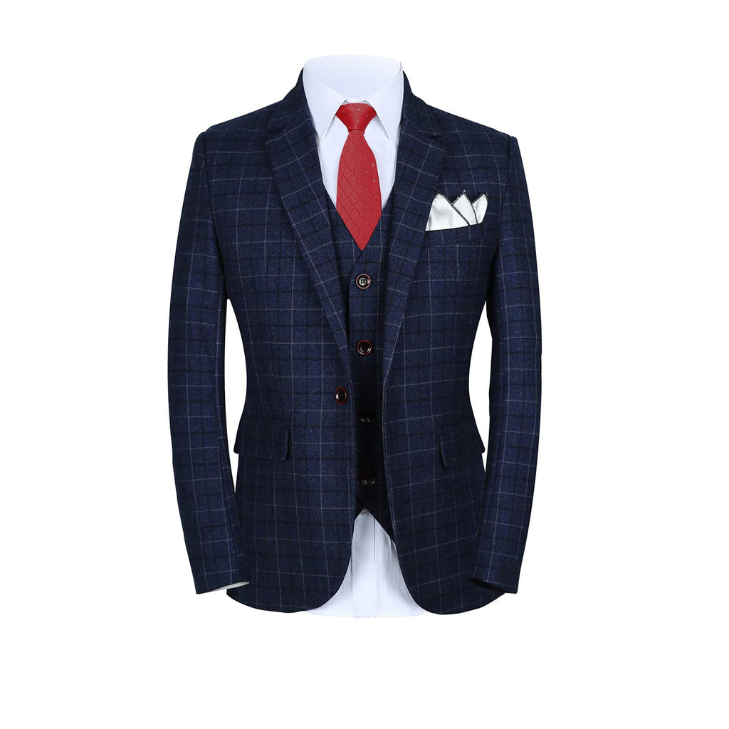 MOGU Mens 3-Piece Slim Fit Plaid Suit - Blazer, Vest, and Pants Set for Wedding, Prom, and Business US Size 44 Jacket and 40 Pants Blue